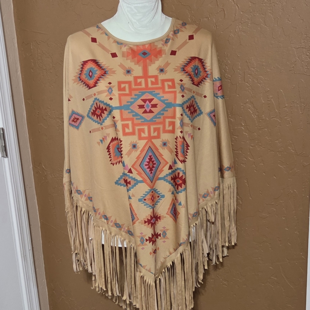 Montana West Tan Geometric Fringed Poncho NWT